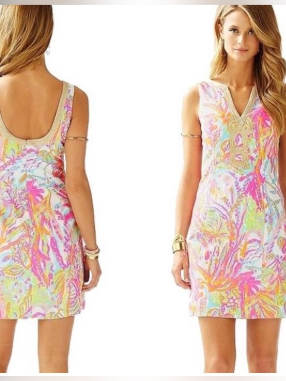 Lilly Pulitzer Janice Scuba to Cuba Print Gold Soutache Shift Dress